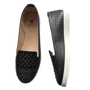 White Mountain Black Loafers, Beaded Leather Slip Ons, Comfort Shoe